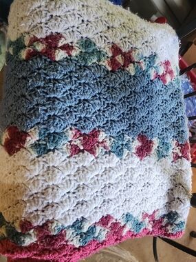 Crocheted Throw Blanket in Blue, Cream & Pink